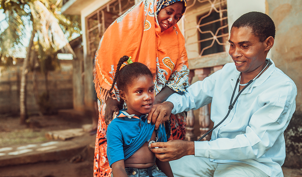 Health worker, mother and girl during health checkup