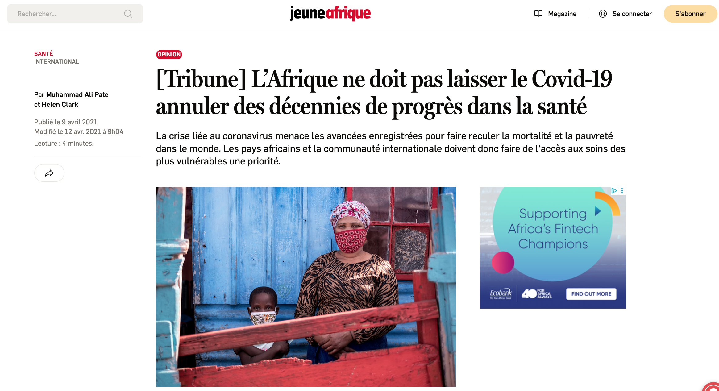 Screenshot of Opinion Article in Jeune Afrique, April 2021