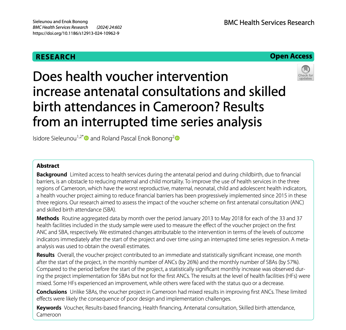 Does Health Voucher Intervention Increase Antenatal Consultations and Skilled Birth Attendances in Cameroon? Results from an Interrupted Time Series Analysis